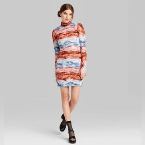 Wild Fable Size L Women's Long Sleeve Ruched Mesh Bodycon Dress Rust Tie Dye